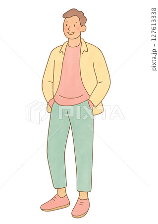 パステルカラーの服を着た男性の全身水彩イラスト 透過PNG 127613338