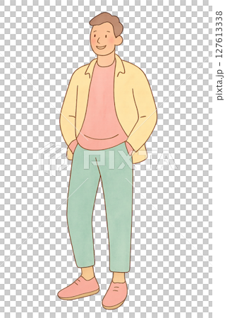 パステルカラーの服を着た男性の全身水彩イラスト 透過PNG 127613338