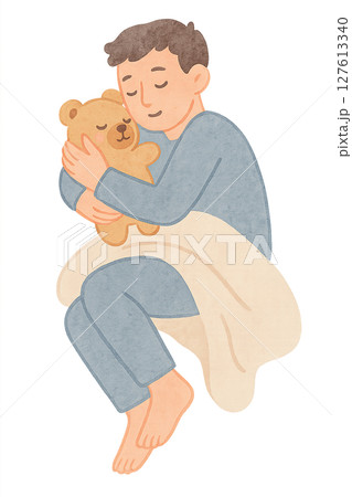 ぬいぐるみを抱いて眠る大人男性の全身水彩イラスト 透過PNG 127613340