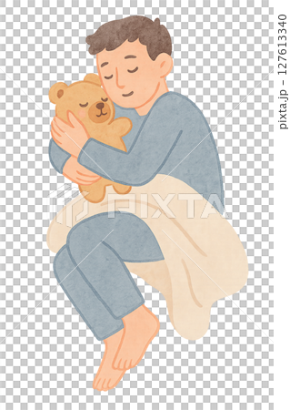 ぬいぐるみを抱いて眠る大人男性の全身水彩イラスト 透過PNG 127613340