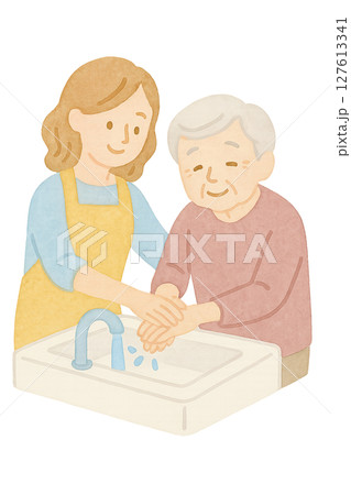 介護士が手洗いをサポートする水彩イラスト 透過PNG 127613341