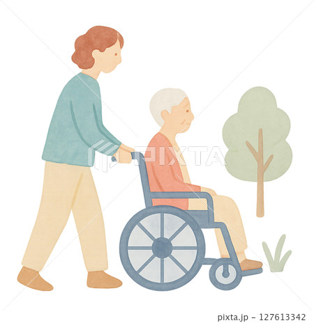 車椅子を押す介護士と高齢者の水彩イラスト 透過PNG 127613342