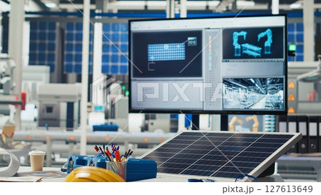 Monitor in green energy solar panels plant with software used to optimize layouts. Computer program in eco friendly photovoltaics factory doing arrangements for maximum energy output, panning shot 127613649
