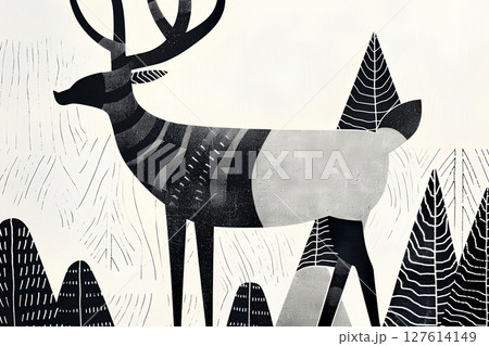 鹿、トナカイ、カリブーの単色イラスト-2 鹿、トナカイ、カリブーの単色イラスト-2 127614149