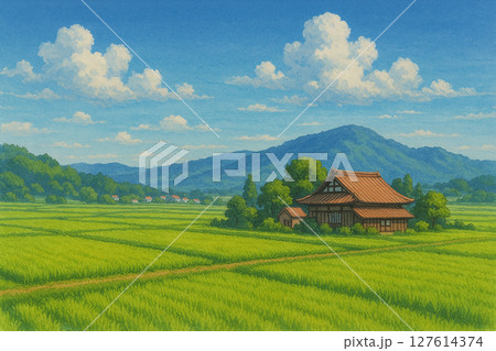 夏の青い空と赤い屋根の農家のイラスト素材 [127614374] - PIXTA