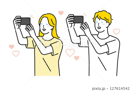 イラスト素材：嬉しそうにスマホで写真を撮る若い男女 127614542