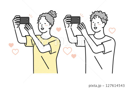 イラスト素材:嬉しそうにスマホで写真を撮る若い男女 イラスト素材:嬉しそうにスマホで写真を撮る若い男女 127614543