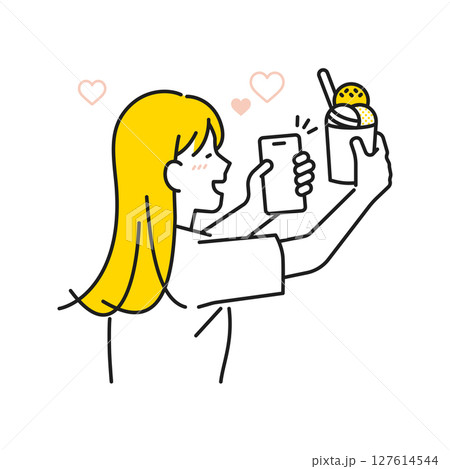 イラスト素材：嬉しそうにスマホでスイーツの写真を撮る若い女性 127614544