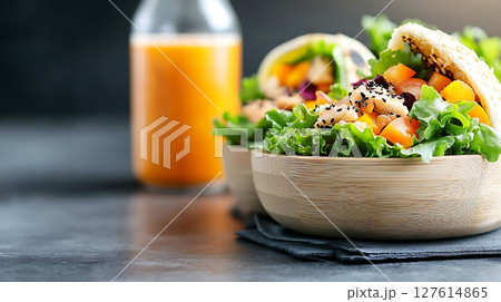 buddha bowl with chicken, vegetables and corn 127614865