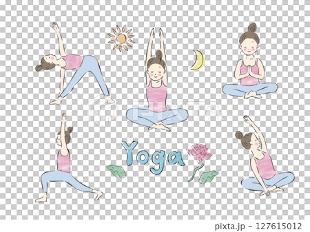 Set of vector illustrations of active poses of young women doing yoga 127615012