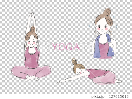 一組年輕女性做瑜珈的主動姿勢的向量插圖 127615013