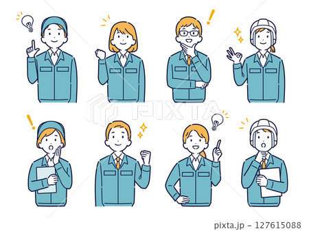 上を向いて明るい表情をする作業着姿の男女のイラストセット＿上半身 127615088