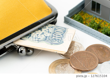 ミニチュアの一戸建て住宅と黄色のがま口財布とお金 127615104