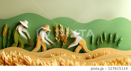 農作業する風景（ペーパークラフト）イラスト 127615114