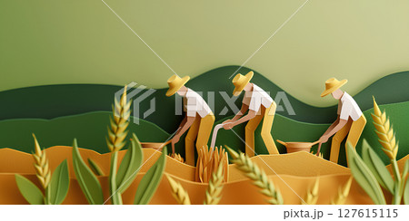農作業する風景（ペーパークラフト）イラスト 127615115