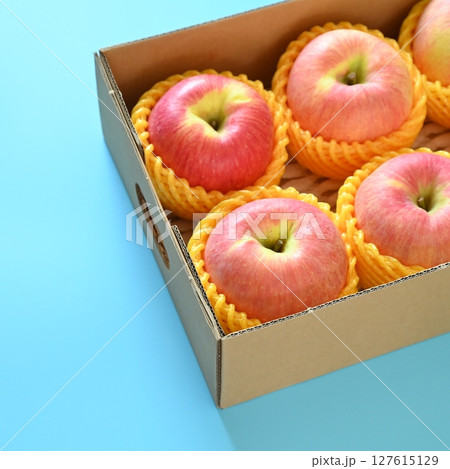 beautiful pink apple in the box on blue background beautiful pink apple in the box on blue background 127615129