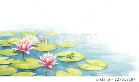池に浮かぶ睡蓮の水彩画イラスト 池に浮かぶ睡蓮の水彩画イラスト 127615197