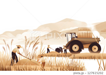 秋の米と麦の収穫風景-1 秋の米と麦の収穫風景-1 127615202