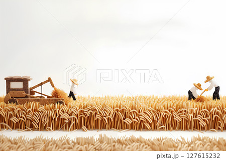 秋の米と麦の収穫風景(フェルト)-1 秋の米と麦の収穫風景(フェルト)-1 127615232