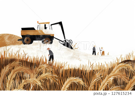 秋の米と麦の収穫風景(フェルト)-1 秋の米と麦の収穫風景(フェルト)-1 127615234
