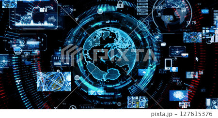 グローバルネットワークとデジタルテクノロジーのコラージュ バナー・広告向け横長ビジュアル グローバルネットワークとデジタルテクノロジーのコラージュ バナー・広告向け横長ビジュアル 127615376