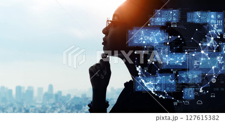 考える女性とデジタルテクノロジーのコラージュ　バナー・広告向け横長ビジュアル 127615382