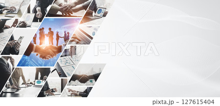 様々なビジネスシーンのコラージュ　バナー・広告向け横長ビジュアル 127615404