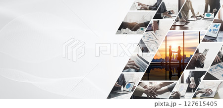 様々なビジネスシーンのコラージュ　バナー・広告向け横長ビジュアル 127615405