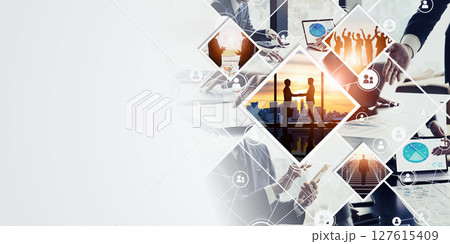 様々なビジネスシーンのコラージュ　バナー・広告向け横長ビジュアル 127615409