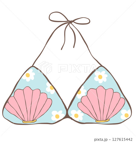 Blue bikini kawaii with shell and flower pattern-summer-hand drawn-illustration-clipart  127615442