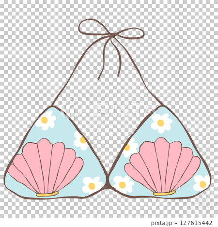 Blue bikini kawaii with shell and flower pattern-summer-hand drawn-illustration-clipart  127615442
