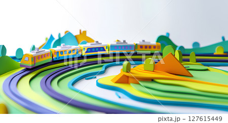 美しい高原を走る可愛い電車（3D） 127615449
