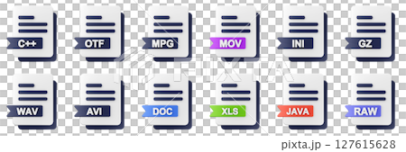 3d file format type icon set bundle illustration c plus otf mpg mov ini gz wav avi doc xls java raw 127615628
