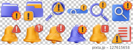 3d warning file folder scanning searching notification bell danger alert caution risk important sign icon set bundle 127615658