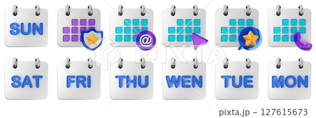 3d calendar sunday saturday friday thursday wednesday tuesday monday date event reminder plan organizer icon set bundle illustration 127615673