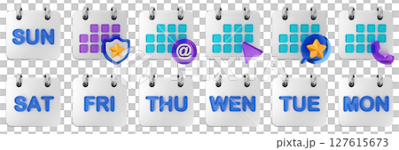 3d calendar sunday saturday friday thursday wednesday tuesday monday date event reminder plan organizer icon set bundle illustration 127615673