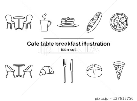 カフェのテーブルと朝食アイコンのセット｜クロワッサン,コーヒー,パンケーキ,ピザ、テーブル、いす 127615756