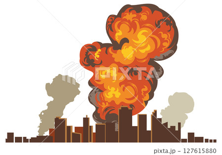 空爆で燃えている市街地のイメージイラスト 127615880