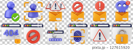 3d internet authentication scanning user block spam mail website cyber security safety data protection icon set bundle illustration 127615920