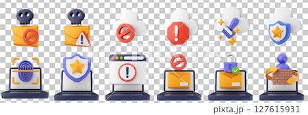 3d internet spam mail block laptop website cyber security safety data protection icon set bundle illustration 127615931
