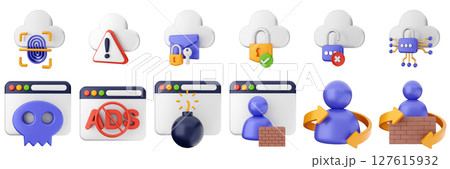 3d internet cloud user firewall website cyber security safety data protection icon set bundle illustration 127615932