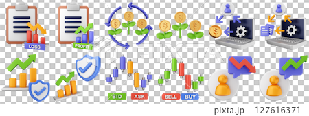3d trading money cash coin chart income profit finance icon set bundle illustration 127616371