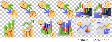 3d trading money cash coin chart income profit finance icon set bundle illustration 127616377