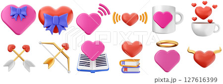 3d valentines day love heart romance present gift box 14 february icon set bundle illustration 127616399