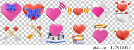 3d valentines day love heart romance present gift box 14 february icon set bundle illustration 127616399