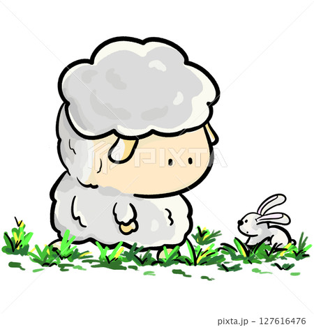 Little sheep meets little rabbit on the grass cartoon cute illustration 127616476