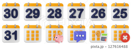 3d calendar day piggy bank calculator date event reminder plan organizer icon set bundle illustration 127616488