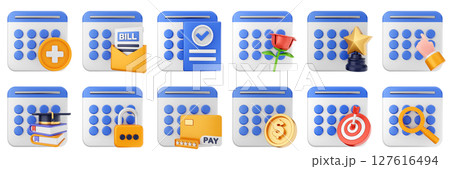3d calendar target scan payment date event reminder plan organizer icon set bundle illustration 127616494