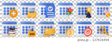 3d calendar target scan payment date event reminder plan organizer icon set bundle illustration 127616494