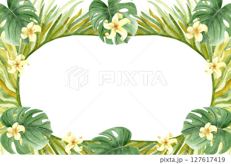 Palm, monstera leaves, white flower tropical foliage, watercolor horizontal frame isolated on white. Hand drawn design perfect for banners, cards, labels, decor, textile design. Rain forest clip art 127617419